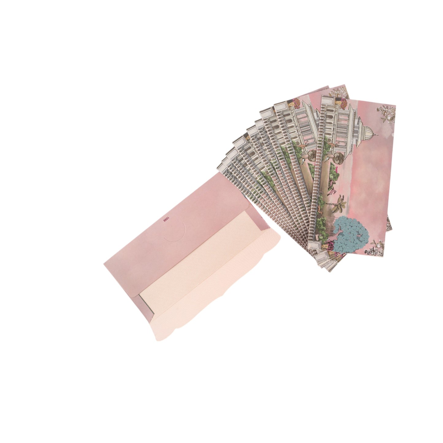 Set of 10 pink castle-themed envelope designs by Dabbiyan, featuring whimsical castle motifs for invitations and stationery.