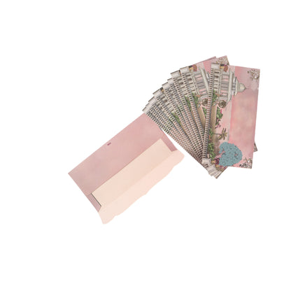 Set of 10 pink castle-themed envelope designs by Dabbiyan, featuring whimsical castle motifs for invitations and stationery.